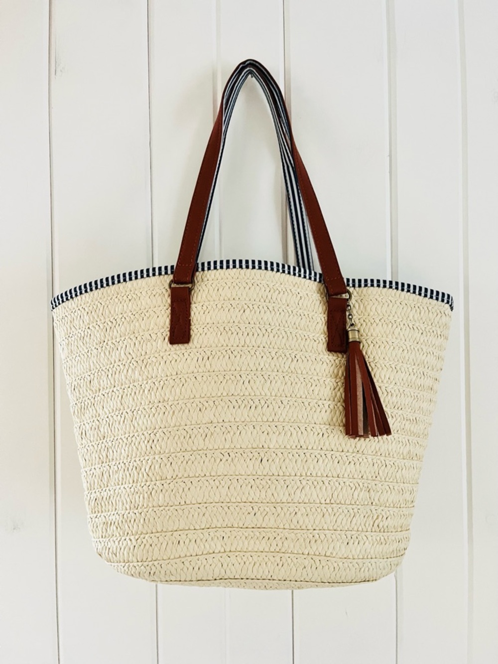 Cream Straw Tote with Brown Handles, NWOT